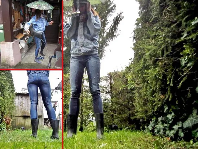 Piss in Perlenjeans und Gummistiefeln - Pipi im Regen