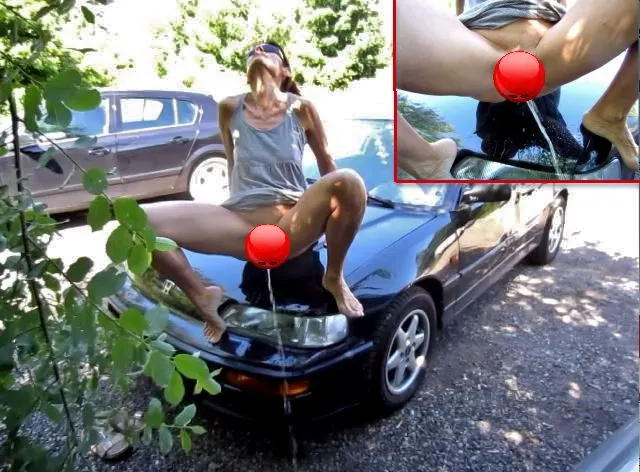 Motorhaube-Piss  am Parkplatz
