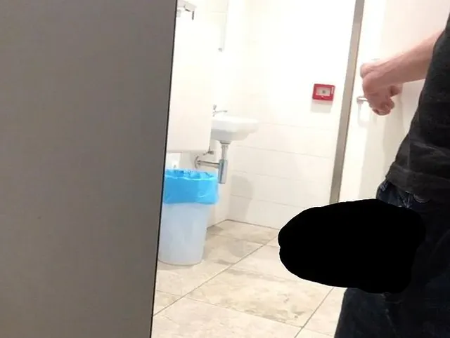 Dutch boy playing with his cock in the men's room until he almost get caught