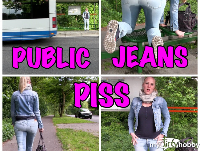 Public Jeans Piss an der Bushaltestelle