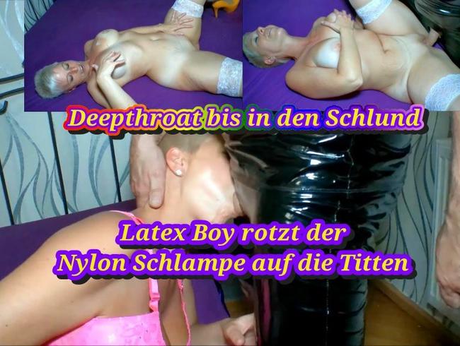 Latex Boy rotzt mir auf die Titten